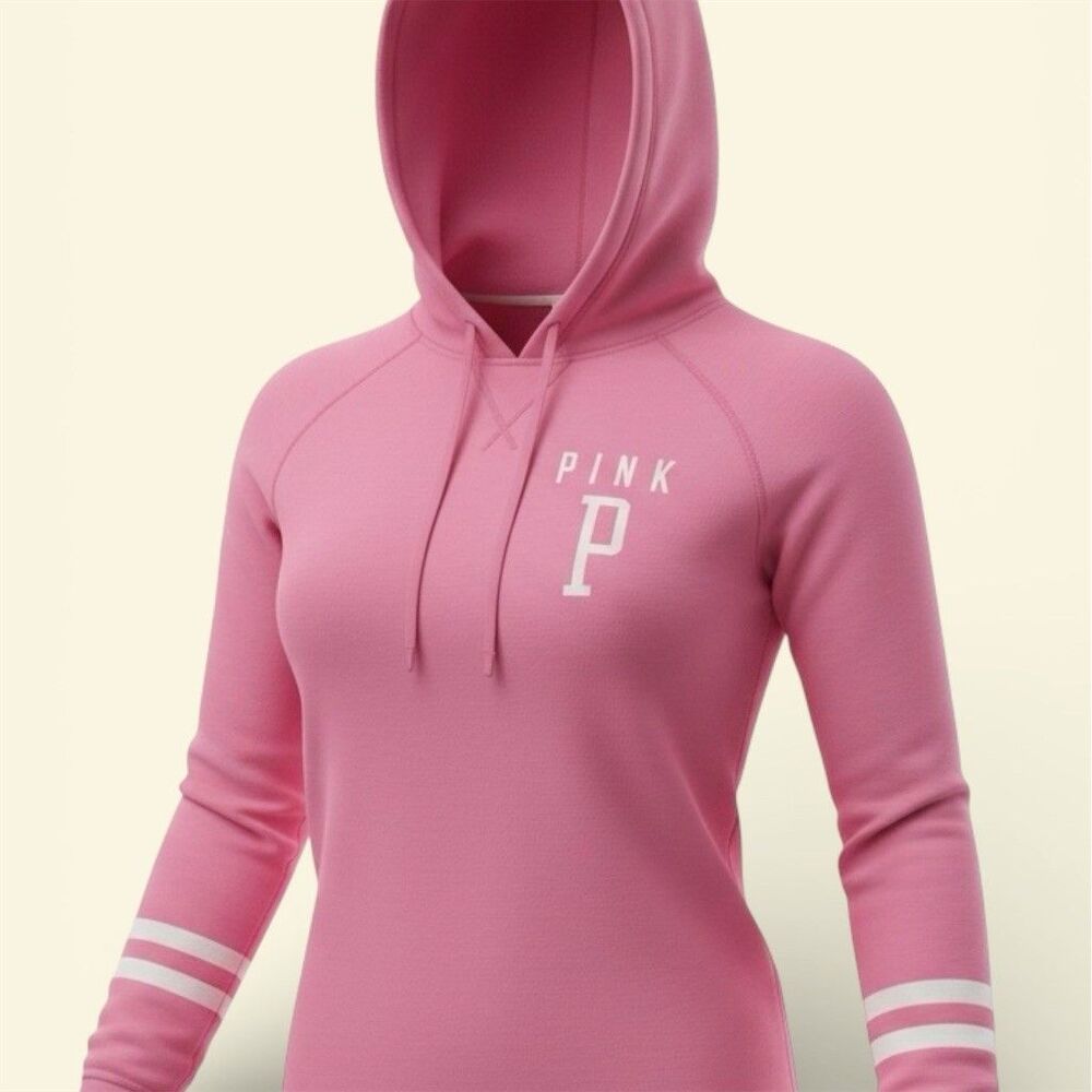 Victoria's Secret PINK Hoodie Womens M Pink White Logo Varsity Pullover